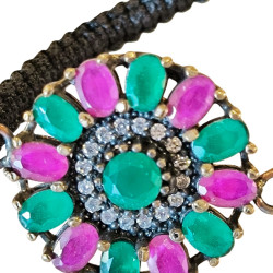 Bracelet en argent, pierres et lanière en tissu. 3 couleurs disponibles