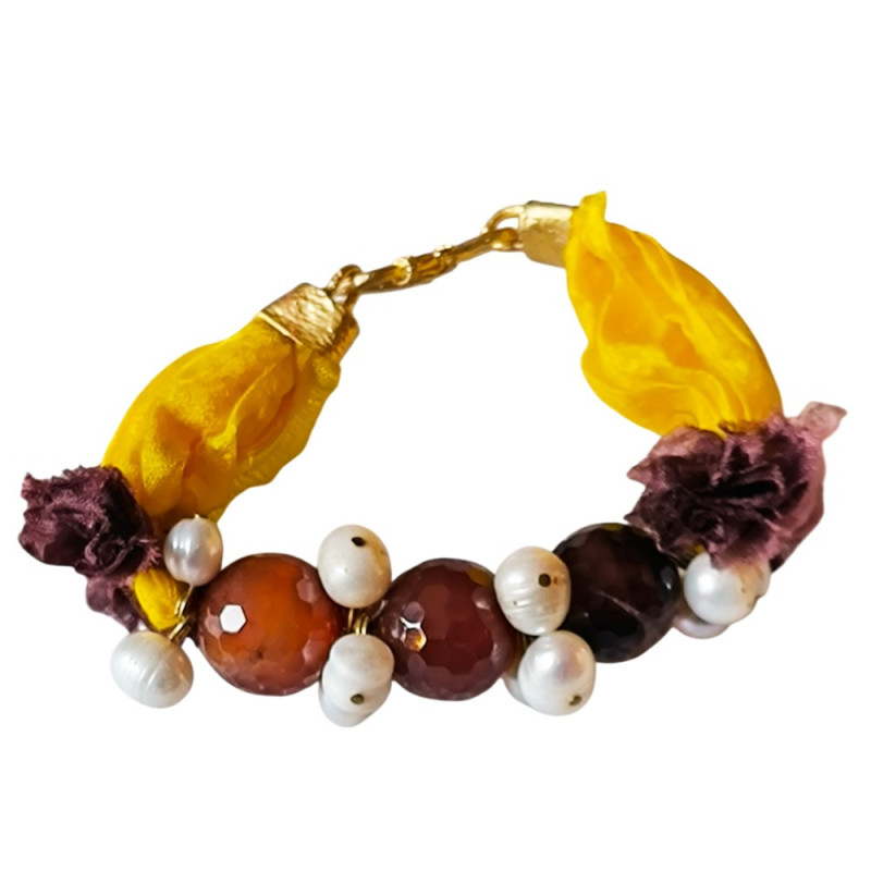 Bracelet en argent, pierres et lanière en tissu. 3 couleurs disponibles