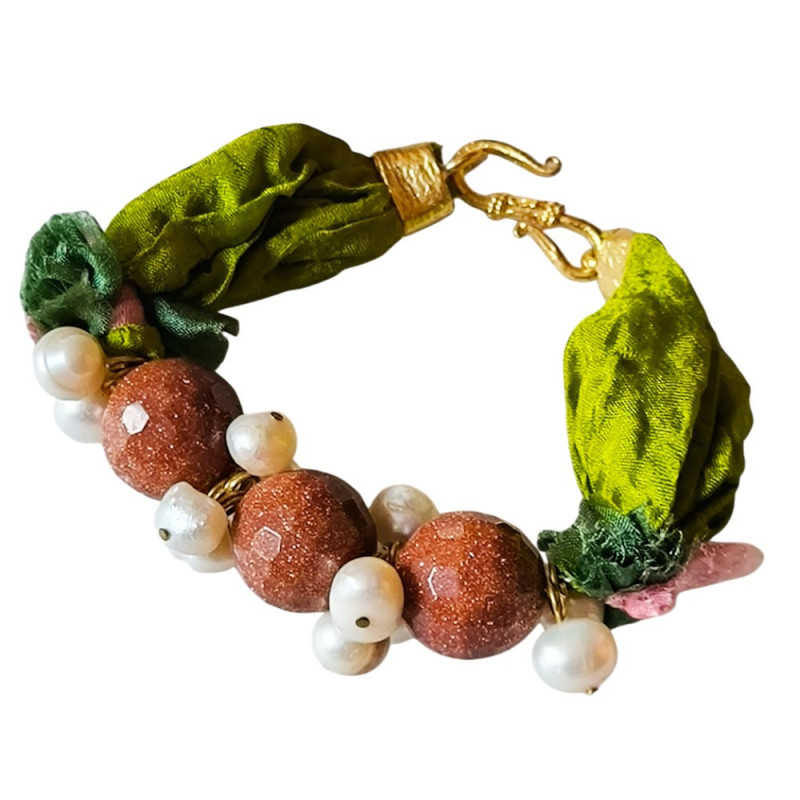 Bracelet en argent, pierres et lanière en tissu. 3 couleurs disponibles