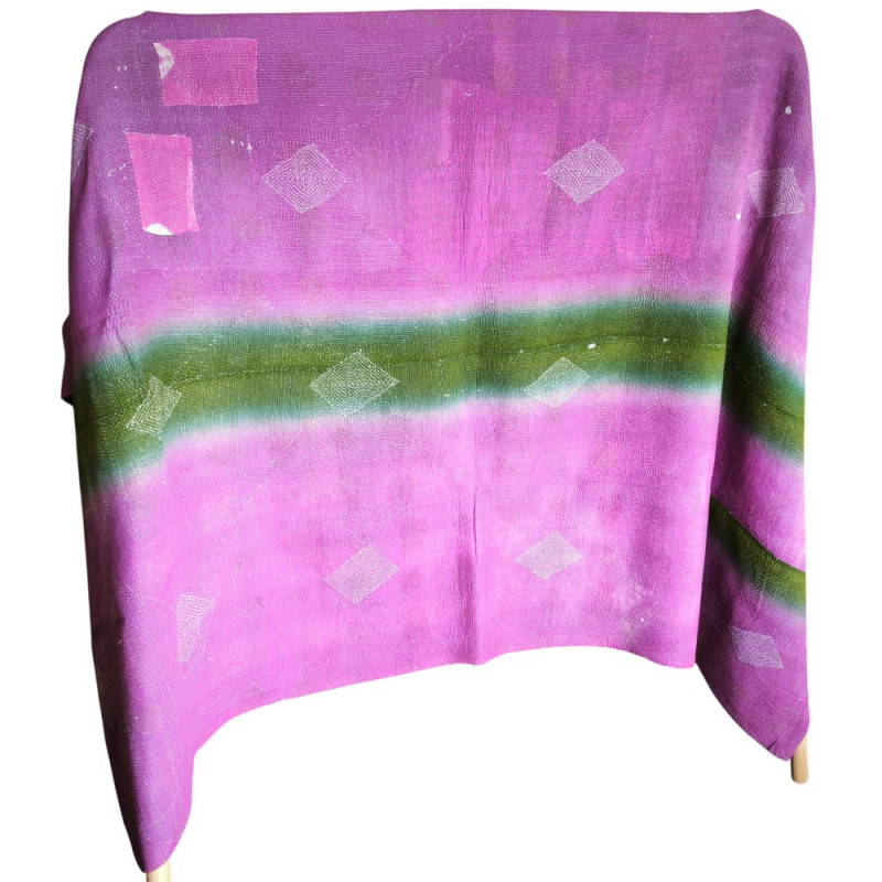 Dessus de Lit Patchwork en Coton Ancien vert et rose délavé, unique